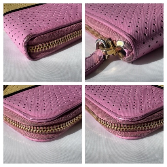 PRADA Pink Yellow Perforated Saffiano Zip Around Wallet - Picture 8 of 11